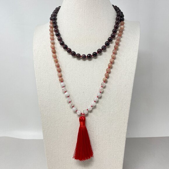 Red Tasseled Beaded Necklace Natural Stone Beads Meditation Quartz Amethyst - Picture 1 of 13